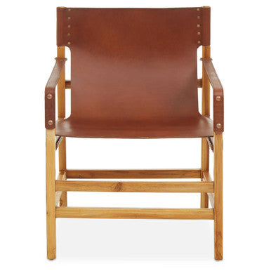 Orsina Kendari Light Brown Leather and Teak Wood Sling Accent Chair