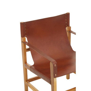 Orsina Kendari Light Brown Leather and Teak Wood Sling Accent Chair