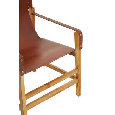 Orsina Kendari Light Brown Leather and Teak Wood Sling Accent Chair