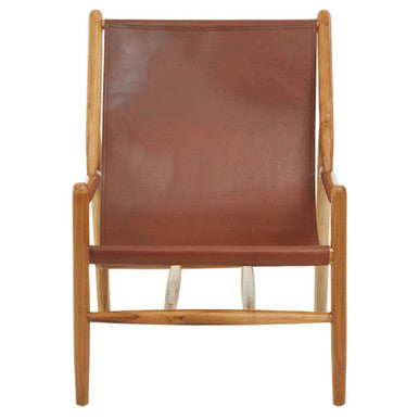 Orsina Kendari Antique Dark Brown Leather and Teak Sling Accent Chair