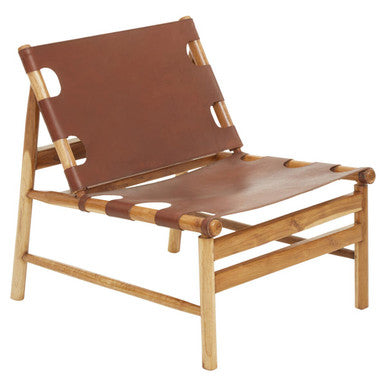 Orsina Kendari Antique Brown Leather and Teak Wood Sling Accent Chair