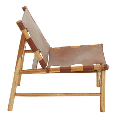 Orsina Kendari Antique Brown Leather and Teak Wood Sling Accent Chair