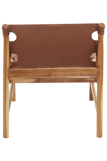 Orsina Kendari Antique Brown Leather and Teak Wood Sling Accent Chair