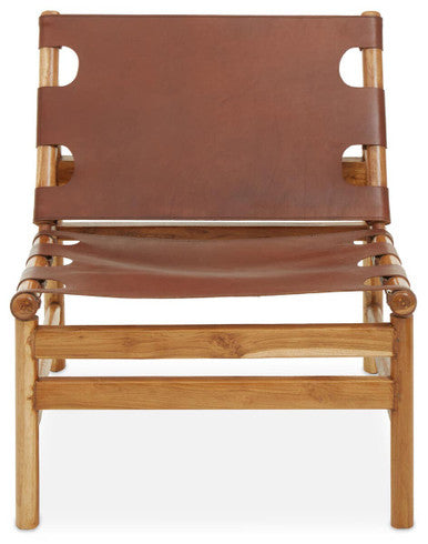 Orsina Kendari Antique Brown Leather and Teak Wood Sling Accent Chair