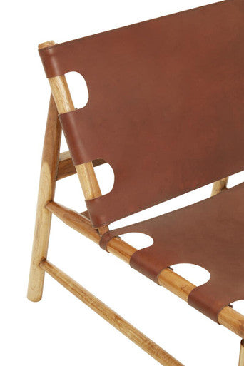 Orsina Kendari Antique Brown Leather and Teak Wood Sling Accent Chair