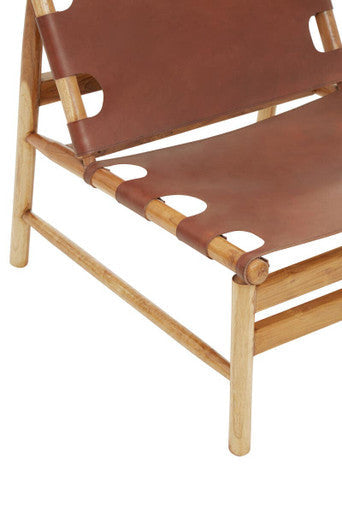Orsina Kendari Antique Brown Leather and Teak Wood Sling Accent Chair
