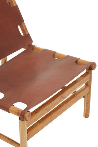 Orsina Kendari Antique Brown Leather and Teak Wood Sling Accent Chair