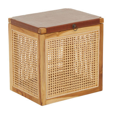 Orsina Kendari Teak and Rattan Storage Box Side Table with Leather Lid