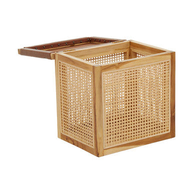 Orsina Kendari Teak and Rattan Storage Box Side Table with Leather Lid