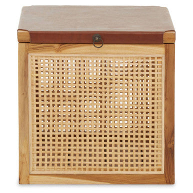 Orsina Kendari Teak and Rattan Storage Box Side Table with Leather Lid