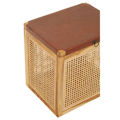 Orsina Kendari Teak and Rattan Storage Box Side Table with Leather Lid
