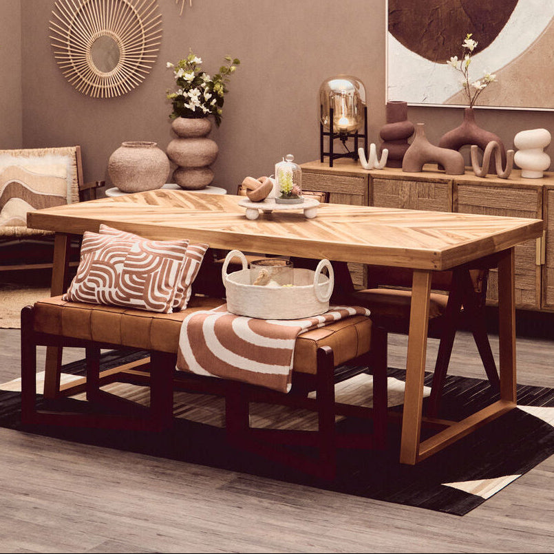 Orsina Kendari Teak Wood Dining Table | Herringbone Top & Gold Base