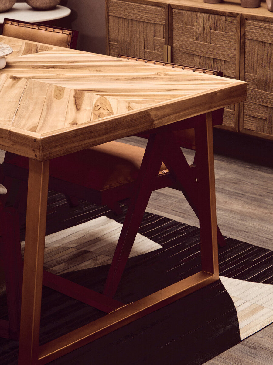 Orsina Kendari Teak Wood Dining Table | Herringbone Top & Gold Base