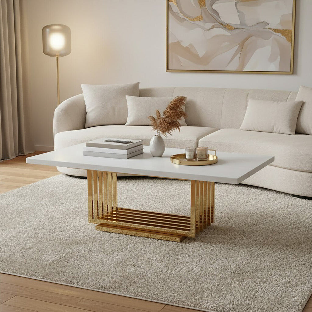 Orsina Moda Ivory Faux Marble Coffee Table with Geometric Gold Frame