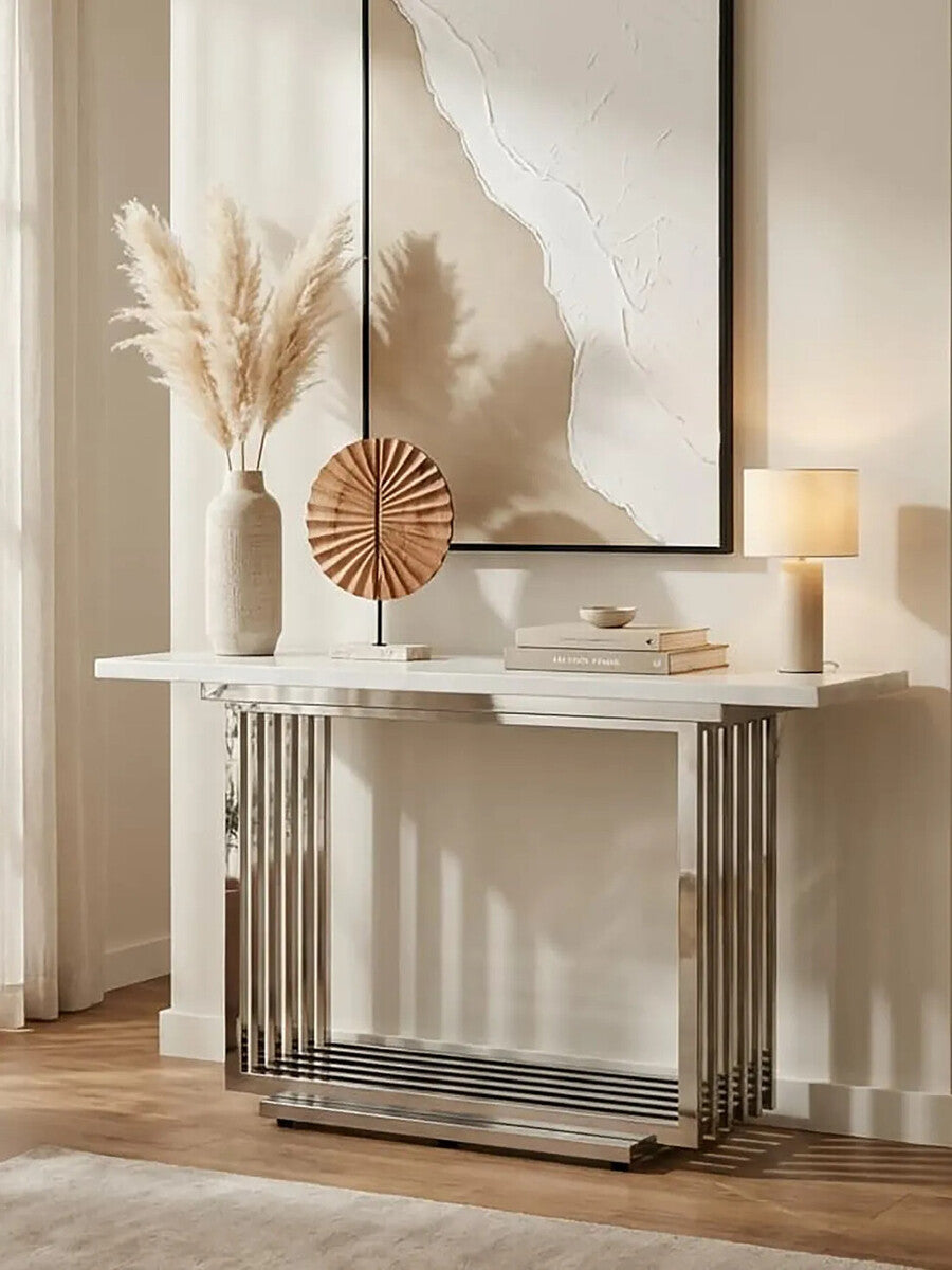 Orsina Moda White Faux Marble Console Table with Silver Steel Base