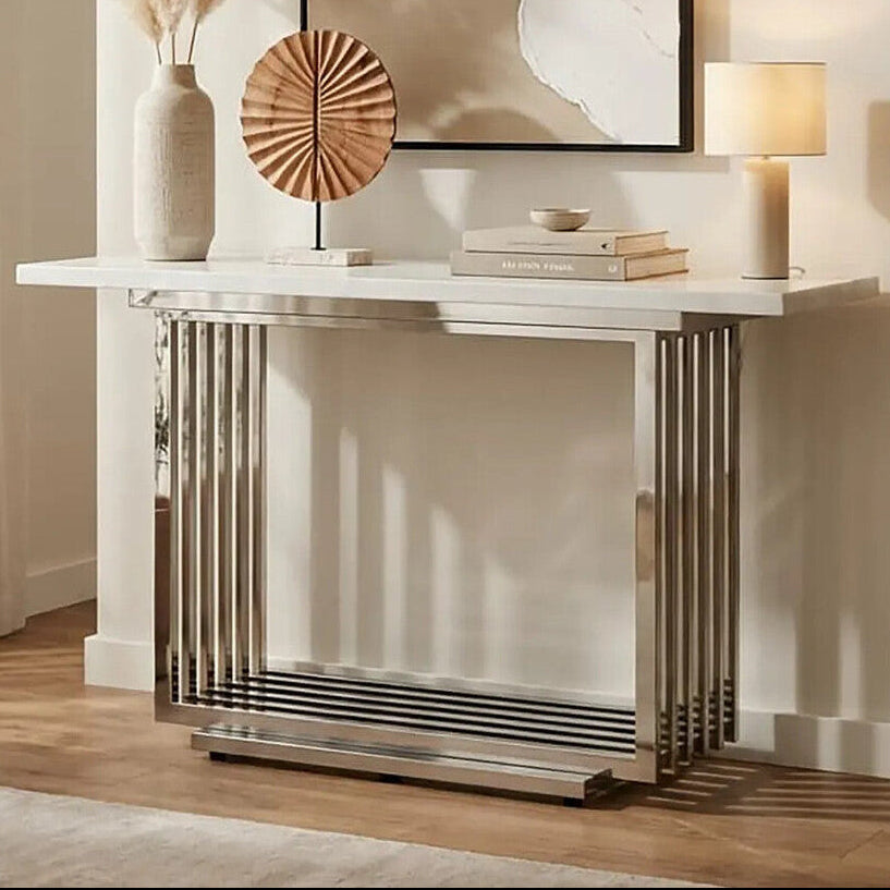 Orsina Moda White Faux Marble Console Table with Silver Steel Base