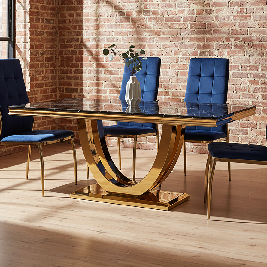 Orsina Moda Black Faux Marble Dining Table – Brushed Gold Base