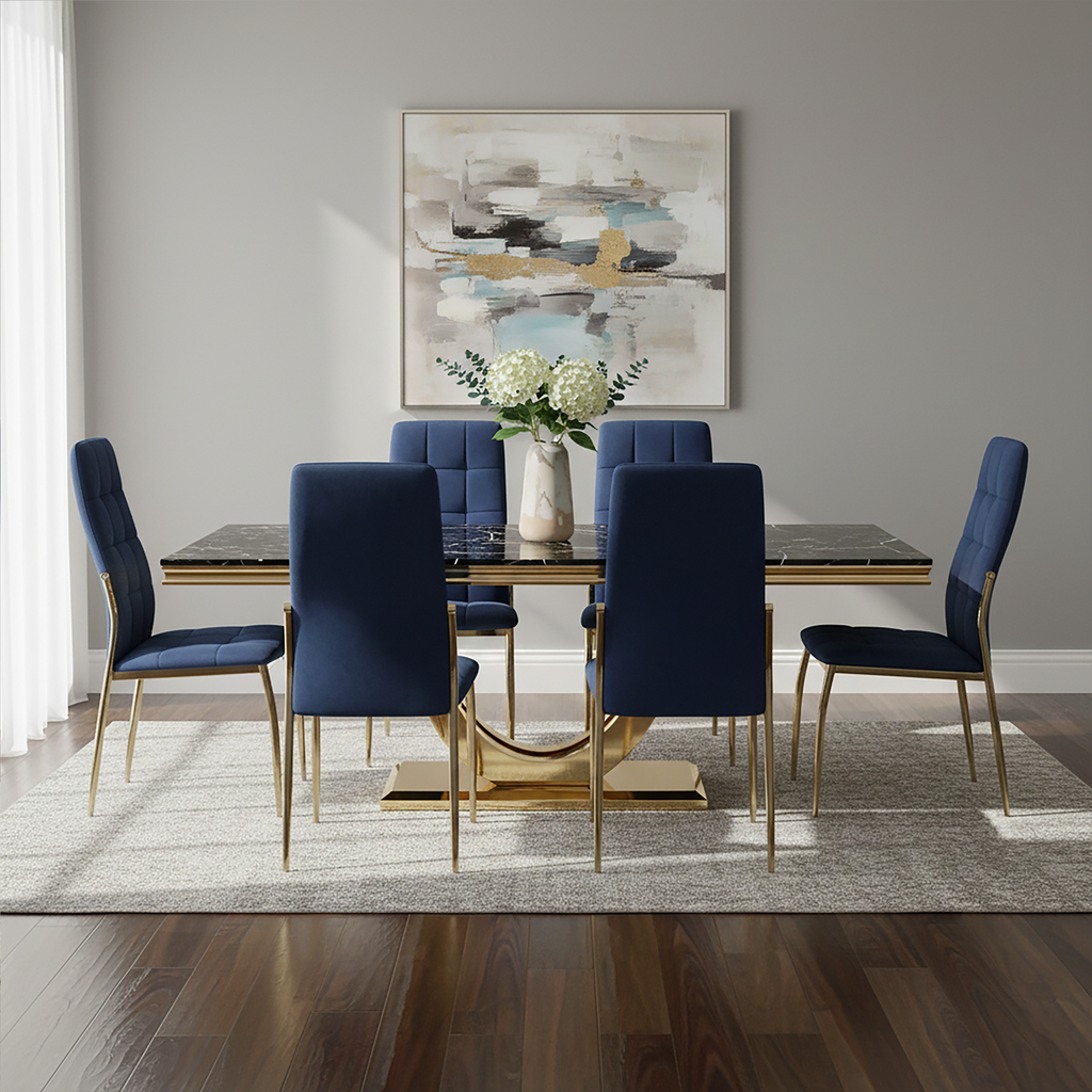 Orsina Moda Black Faux Marble Dining Table – Brushed Gold Base