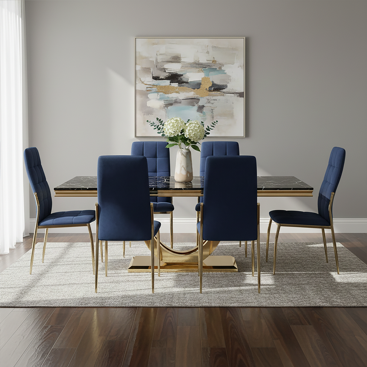 Orsina Moda Black Faux Marble Dining Table – Brushed Gold Base