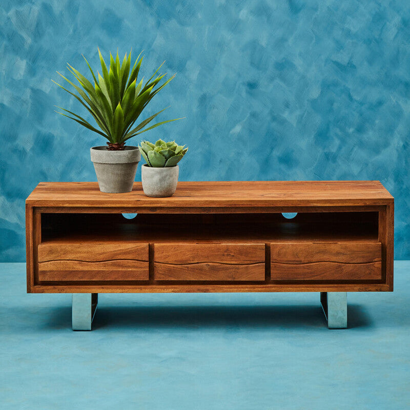 Orsina Simla Acacia Wood Media Unit | 3-Drawer TV Console with Storage