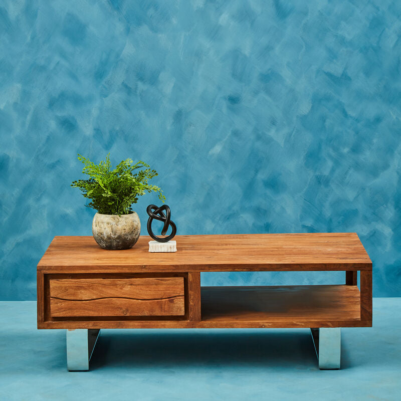 Orsina Simla Acacia Wood Coffee Table – Brown 1-Drawer Storage Table