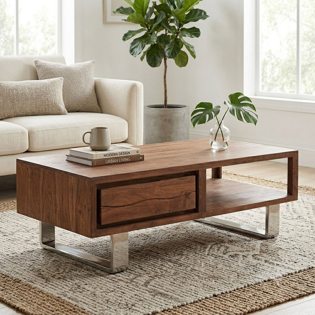 Orsina Simla Acacia Wood Coffee Table – Brown 1-Drawer Storage Table