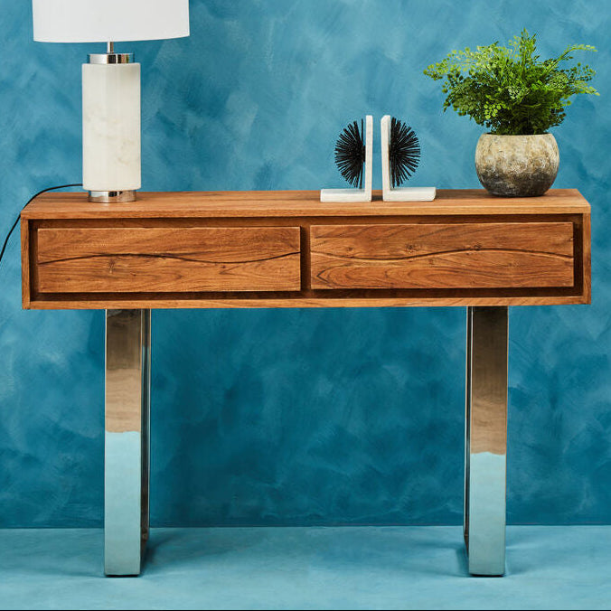 Orsina Simla Acacia Wood 2-Drawer Console Table with Silver Legs