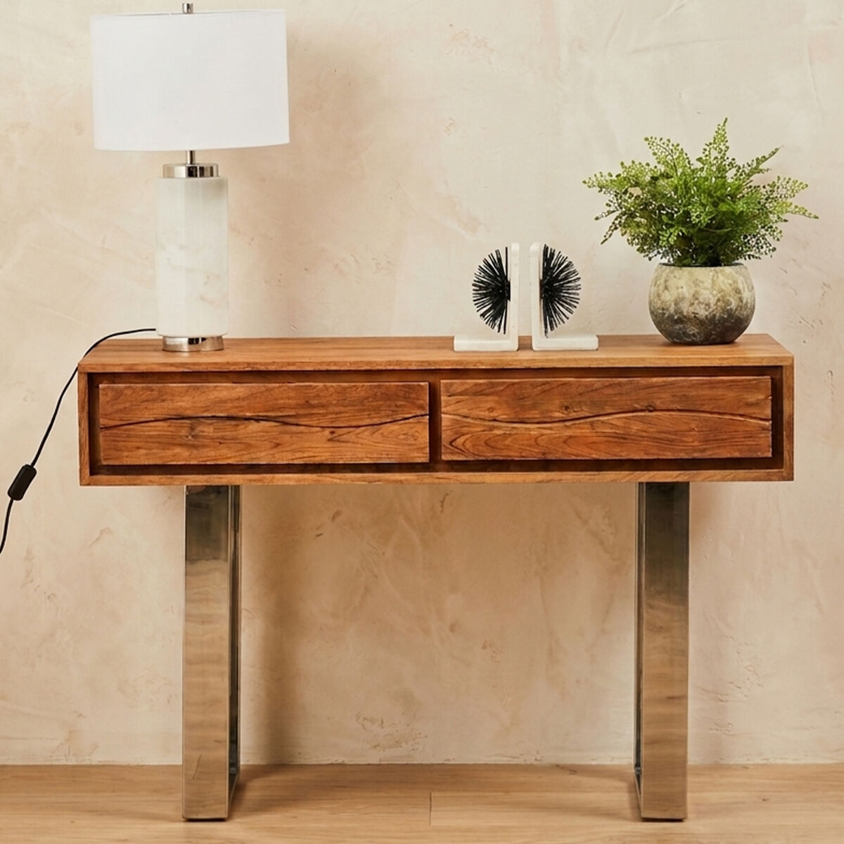 Orsina Simla Acacia Wood 2-Drawer Console Table with Silver Legs