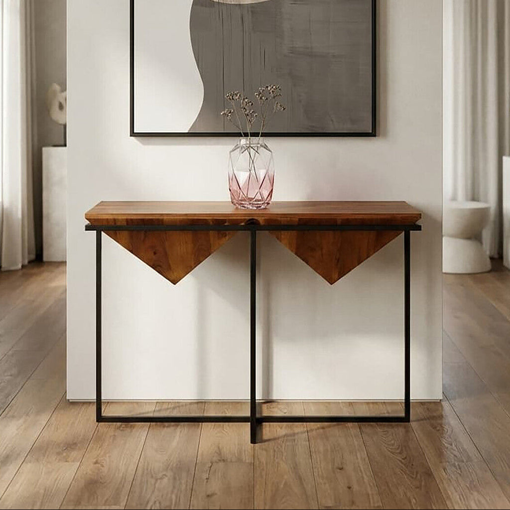 Orsina Shimla Acacia Wood Pyramid Console Table with Silver Metal Frame