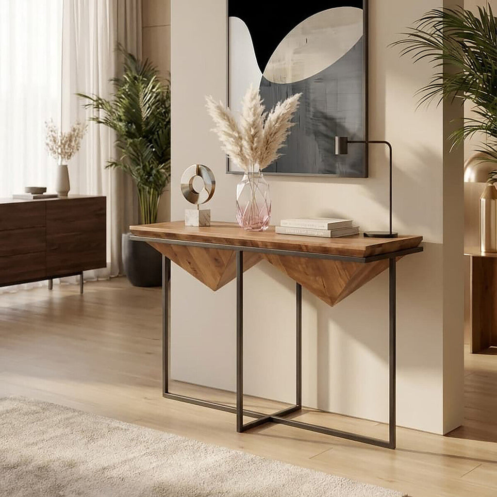 Orsina Shimla Acacia Wood Pyramid Console Table with Silver Metal Frame