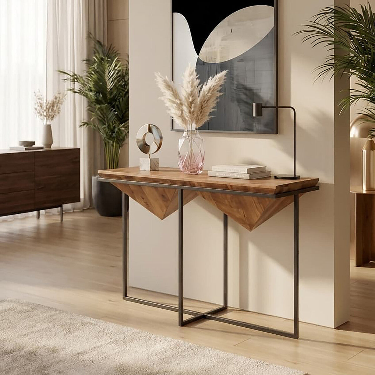 Orsina Shimla Acacia Wood Pyramid Console Table with Silver Metal Frame