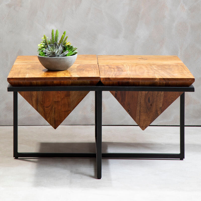 Orsina Shimla Acacia Wood Square Coffee Table – Black Metal Frame