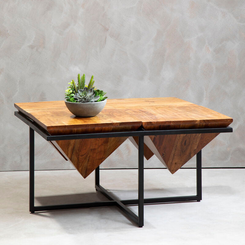 Orsina Shimla Acacia Wood Square Coffee Table – Black Metal Frame