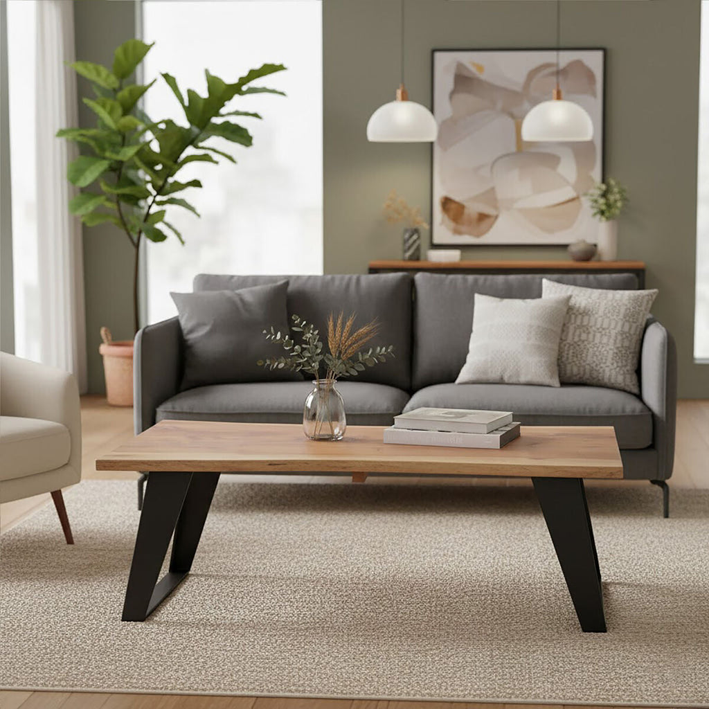 Orsina Surax Live Edge Acacia Wood Coffee Table with Black Iron Legs