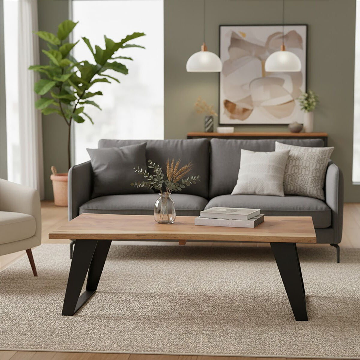 Orsina Surax Live Edge Acacia Wood Coffee Table with Black Iron Legs