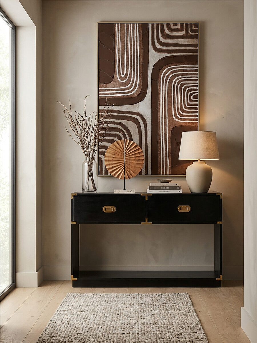 Orsina Sarter Black Mango Wood 2-Drawer Console Table | Gold Handles