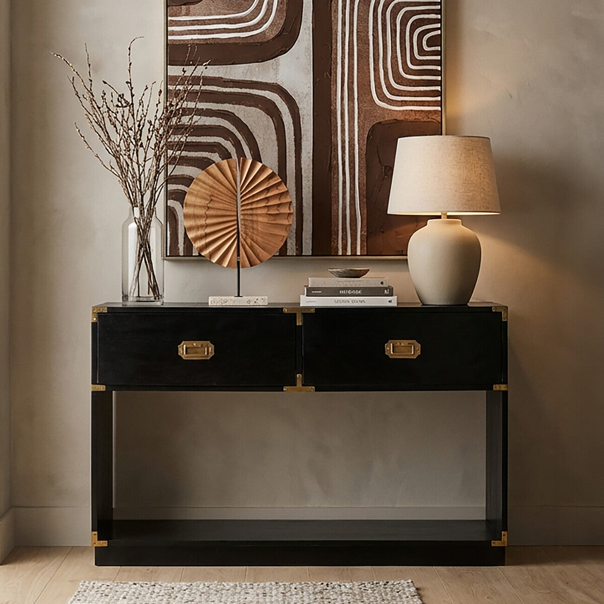Orsina Sarter Black Mango Wood 2-Drawer Console Table | Gold Handles