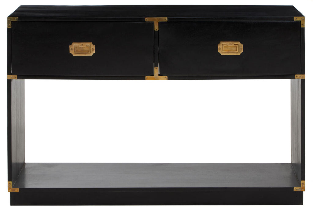 Orsina Sarter Black Mango Wood 2-Drawer Console Table | Gold Handles