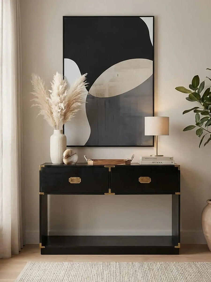 Orsina Sarter Black Mango Wood 2-Drawer Console Table | Gold Handles