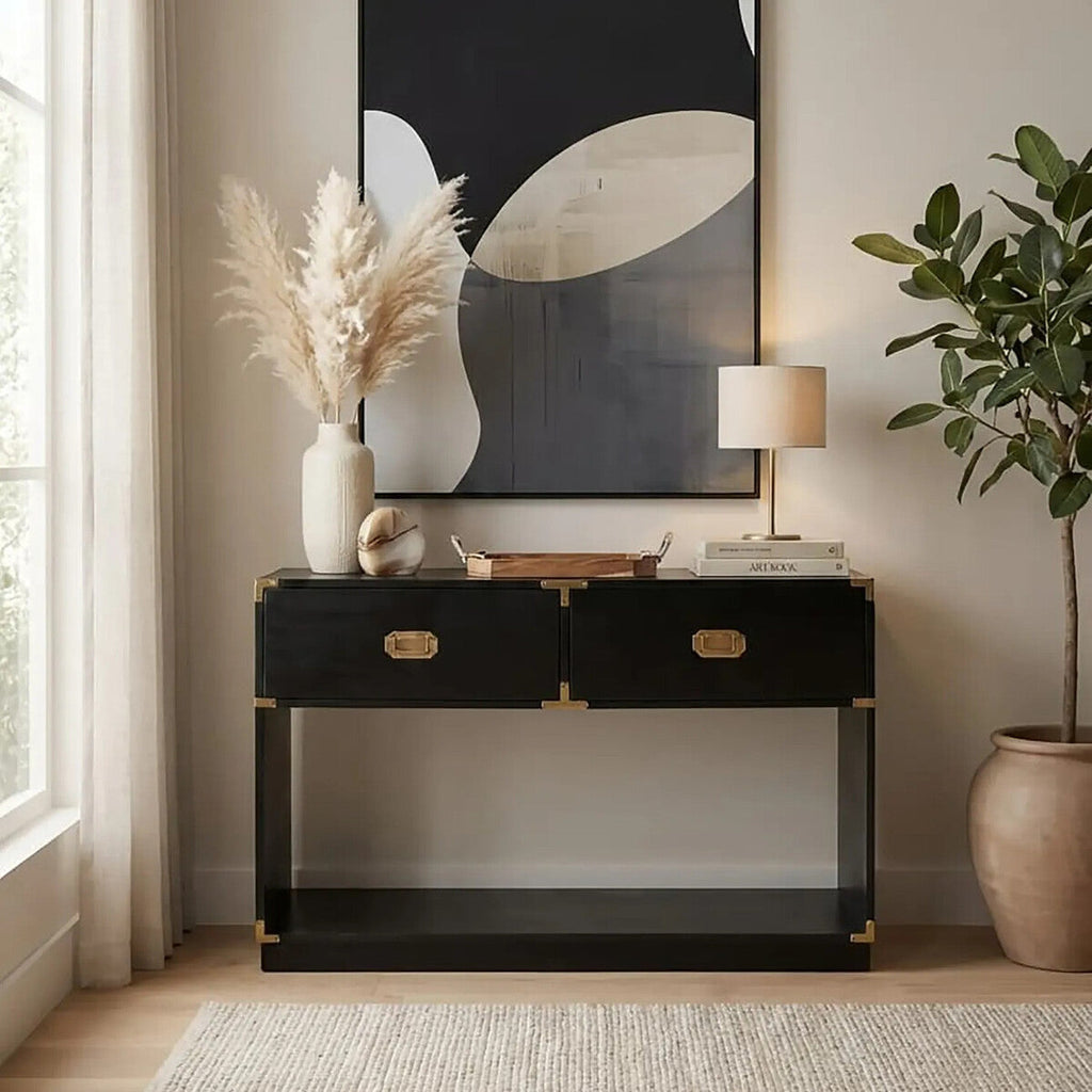 Orsina Sarter Black Mango Wood 2-Drawer Console Table | Gold Handles