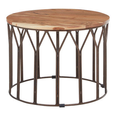 Orsina Boho Round Acacia Wood Coffee Table with Metal Lattice Frame