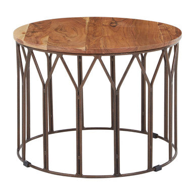 Orsina Boho Round Acacia Wood Coffee Table with Metal Lattice Frame