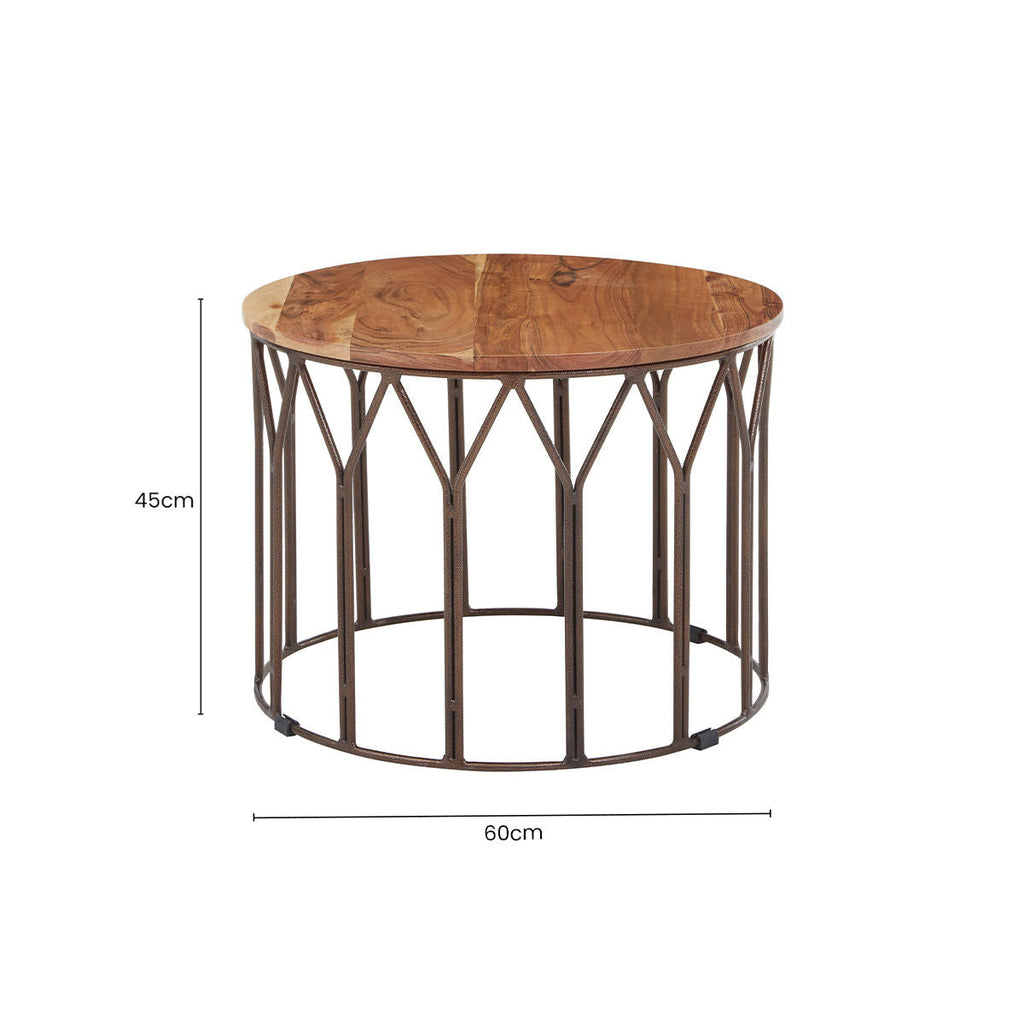 Orsina Boho Round Acacia Wood Coffee Table with Metal Lattice Frame
