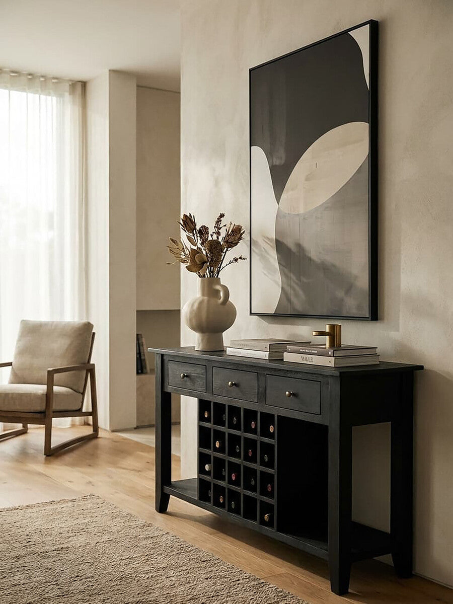 Orsina Fusion Black Mango Wood Console Table with 20-Bottle Wine Storage