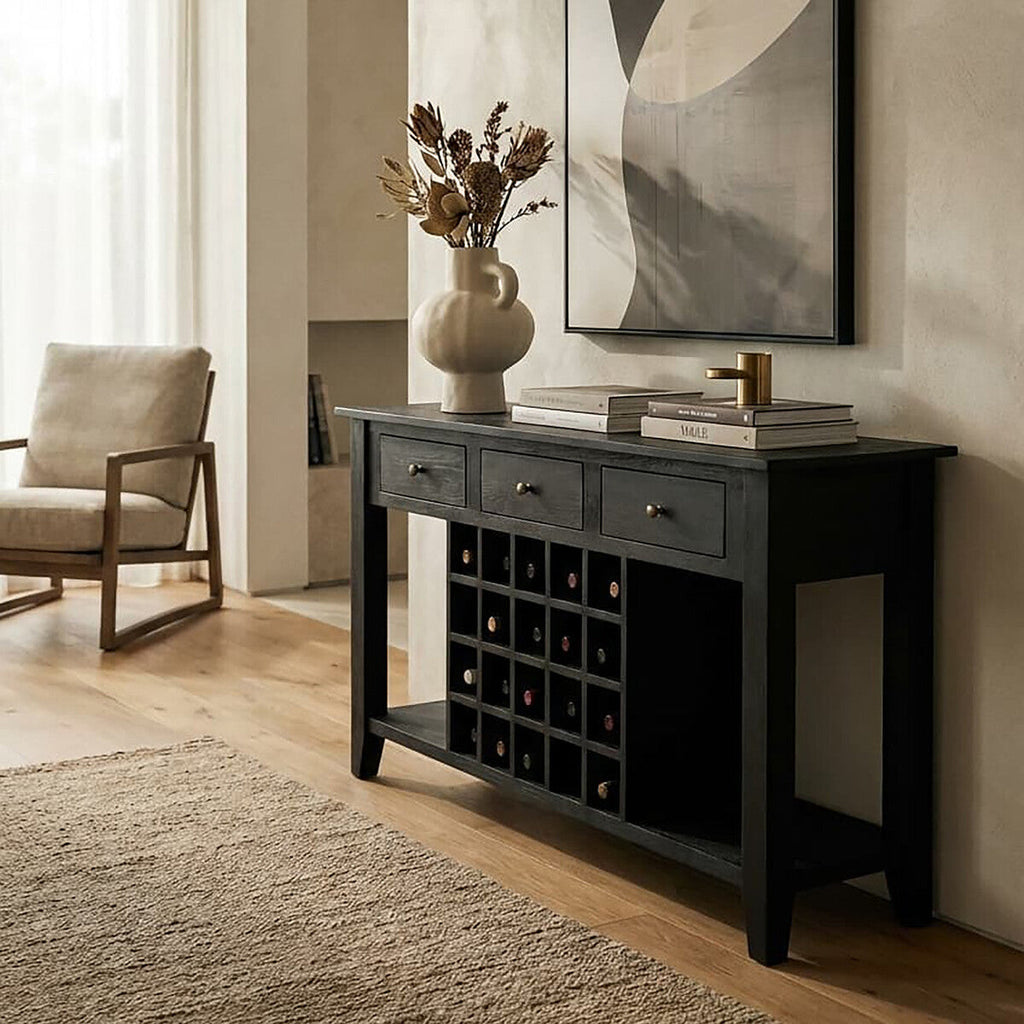 Orsina Fusion Black Mango Wood Console Table with 20-Bottle Wine Storage