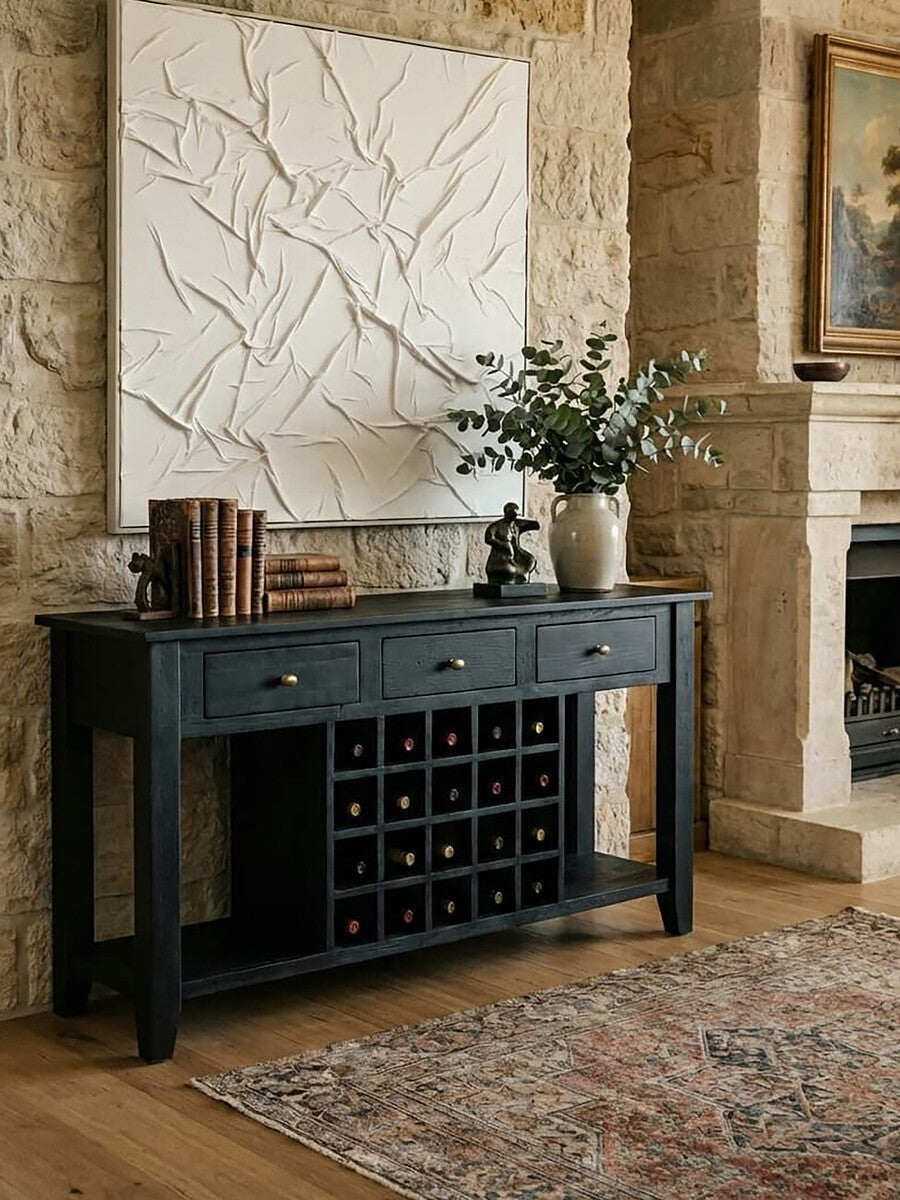 Orsina Fusion Black Mango Wood Console Table with 20-Bottle Wine Storage