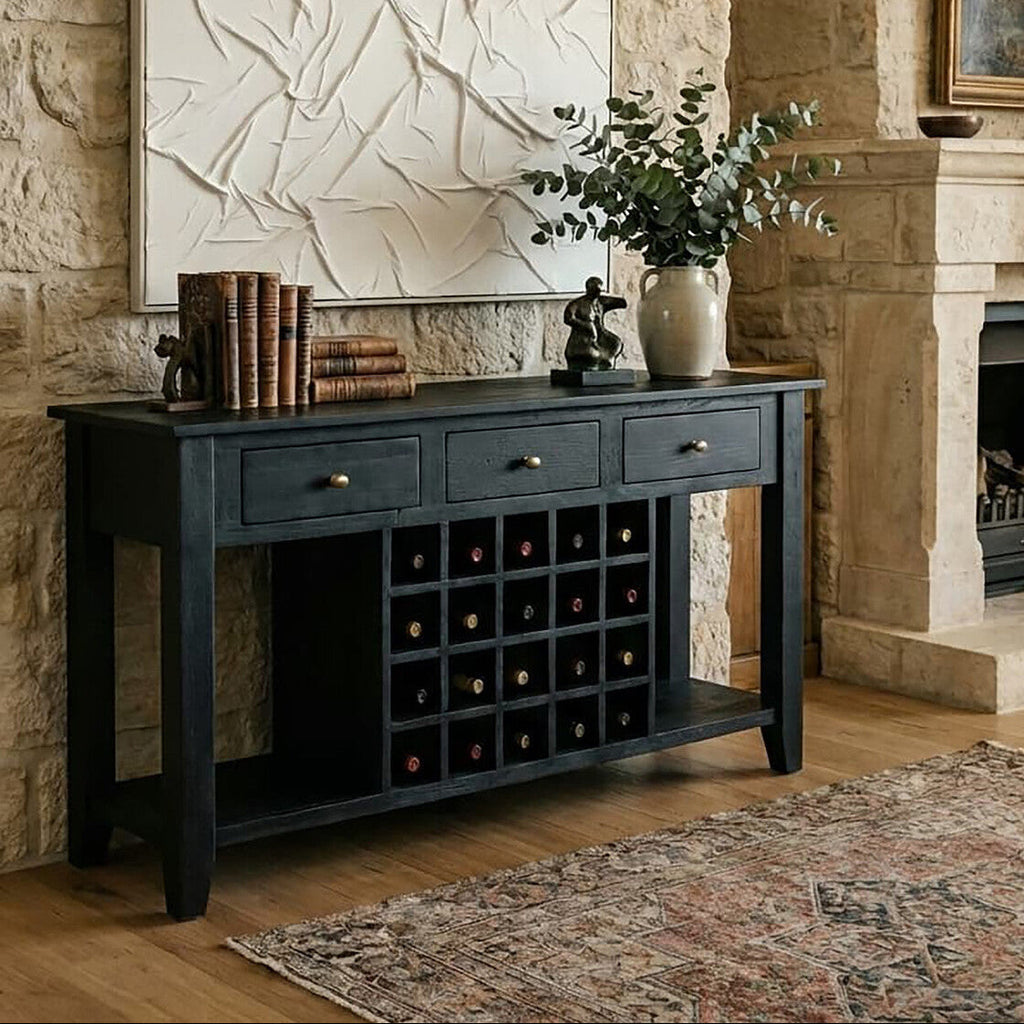 Orsina Fusion Black Mango Wood Console Table with 20-Bottle Wine Storage