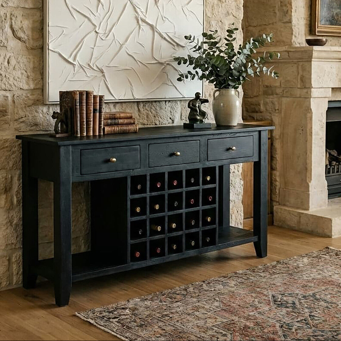 Orsina Fusion Black Mango Wood Console Table with 20-Bottle Wine Storage