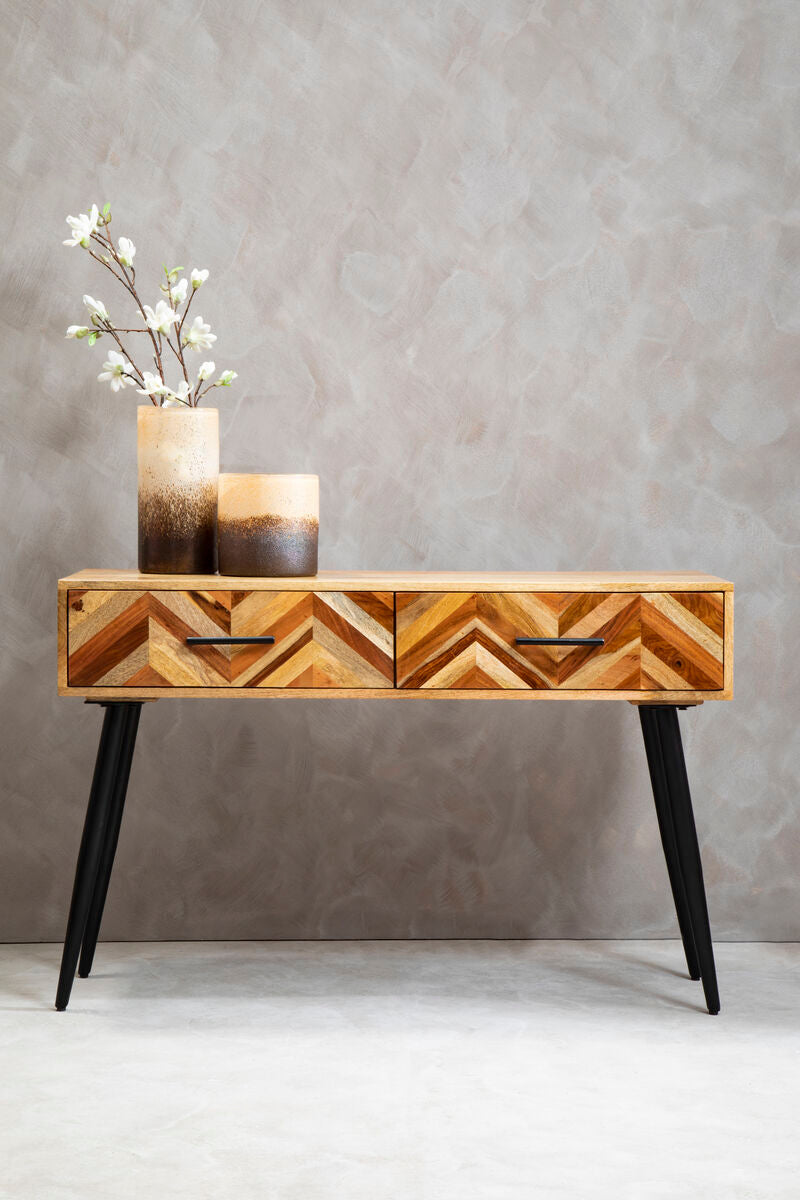 Orsina Mango Wood Console Table – 2-Drawer Chevron Entryway Table