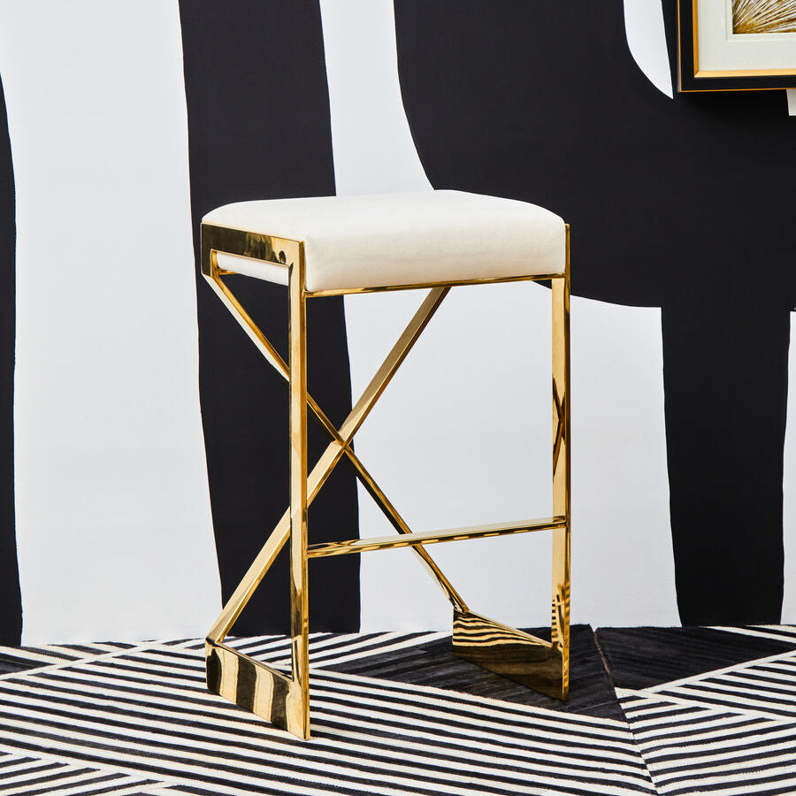 Orsina Azalea Ivory Velvet Bar Stool with Gold Finish Stainless Steel